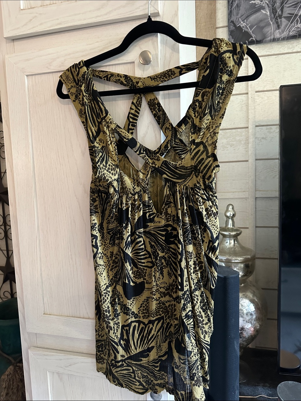 Free People Black and Gold Metallic Printed Tank